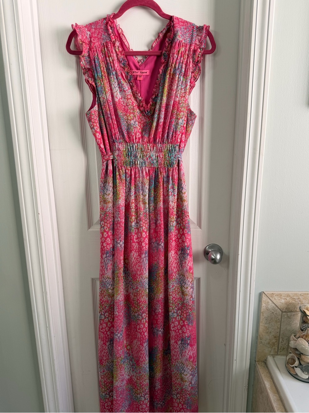 Betsey Johnson Pink Leopard Floral Maxi Dress Smocked Waist Ruffle Chiffon L